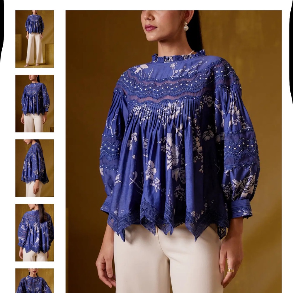 Bunka Blue Floral Women's Medium Floral Print Peplum Top Boho‎